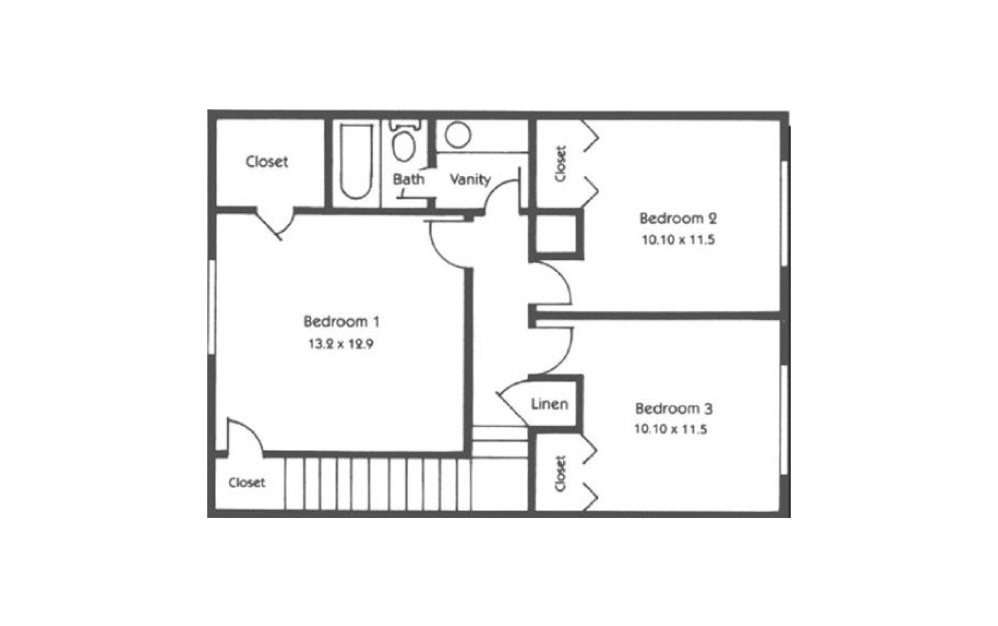 3 Bed 1.5 Bath - 3 bedroom floorplan layout with 1.5 bath and 1300 square feet. (Floor 2)